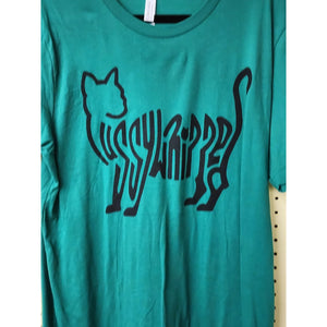 "Pussywhipped", Cat Lover T-Shirt, Solid Black Kitten Logo on Kelly Green Shirt