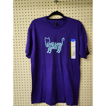 Load image into Gallery viewer, Large &quot;Pussywhipped&quot;, Cat Lover T-Shirt, Kitten Logo, Turquoise On Purple