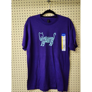 Large "Pussywhipped", Cat Lover T-Shirt, Kitten Logo, Turquoise On Purple