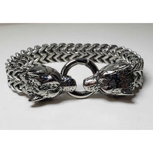Load image into Gallery viewer, Double Wolf Head, Stainless Steel 8.5" Unisex Bracelet, Hinge Ring Clasp