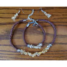 Load image into Gallery viewer, Golden Quartz Gemstone &amp; Genuine Brown Leather Set. Choker, Bracelet &amp; Earrings. Fully adjustable