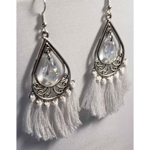 Load image into Gallery viewer, Hypoallergenic Silver Tone Metal Teardrop Earrings with White Tassels on Fish Hook Earrings