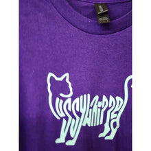 Load image into Gallery viewer, Large &quot;Pussywhipped&quot;, Cat Lover T-Shirt, Kitten Logo, Turquoise On Purple