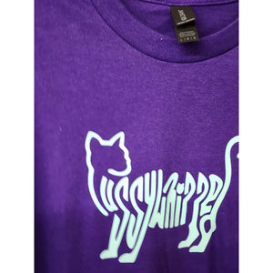 Large "Pussywhipped", Cat Lover T-Shirt, Kitten Logo, Turquoise On Purple