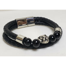 Load image into Gallery viewer, Men's Genuine Black Leather &amp; Oxidized Stainless Steel Bracelet w Agate &amp; Lion