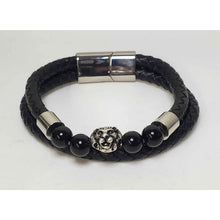 Load image into Gallery viewer, Men's Genuine Black Leather &amp; Oxidized Alloy Bracelet, with Enhanced Black Agate &amp; Lion
