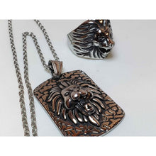 Load image into Gallery viewer, Men's Black Oxidized Stainless Steel "Lion Head" Carved Ring &amp; Dog Tag Pendant on 24" Chain Set