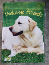 Load image into Gallery viewer, Animal Planet Welcome Friends Decorative Garden Flag 12x18 Dog &amp; Cat Yellow Lab NIP front