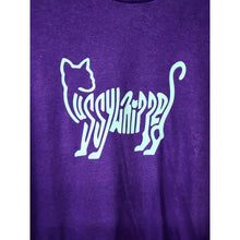 Load image into Gallery viewer, Large &quot;Pussywhipped&quot;, Cat Lover T-Shirt, Kitten Logo, Turquoise On Purple