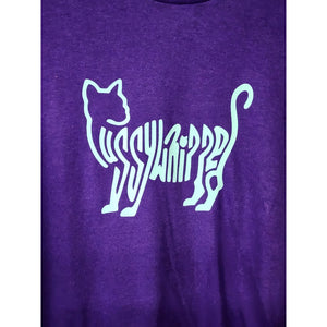 Large "Pussywhipped", Cat Lover T-Shirt, Kitten Logo, Turquoise On Purple