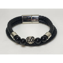 Load image into Gallery viewer, Men's Genuine Black Leather &amp; Oxidized Stainless Steel Bracelet w Agate &amp; Lion
