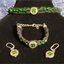 Load image into Gallery viewer, Green Czech Glass &amp; Black Genuine Leather Set