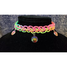 Load image into Gallery viewer, Rainbow Nylon Choker, Adjustable to 14" with Iridescent "Dragon Scale" Charms, Stainless Steel Chain