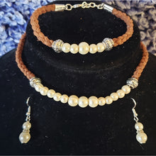 Load image into Gallery viewer, Glass Pearls &amp; Brown Leather Set. Choker, Bracelet