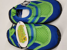 Load image into Gallery viewer, Beach Mania blue and lime green toddler water shoes, top view