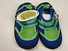 Load image into Gallery viewer, Beach Mania blue and lime green toddler water shoes, alternate view with tags