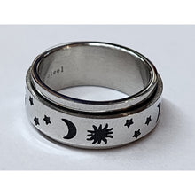 Load image into Gallery viewer, Size 6 Cosmic Moons Stars Silver Tone Stainless Steel Fidget Spinner Ring