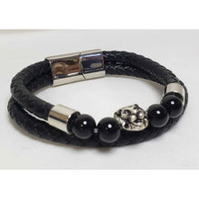 Load image into Gallery viewer, Men's Genuine Black Leather &amp; Oxidized Alloy Bracelet, with Enhanced Black Agate &amp; Lion