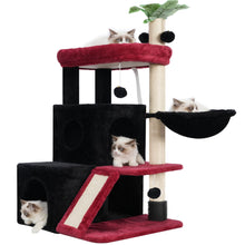 Load image into Gallery viewer, Ultimate Twin-Tower Cat Playhouse with Grooming Brush in Black and Red
