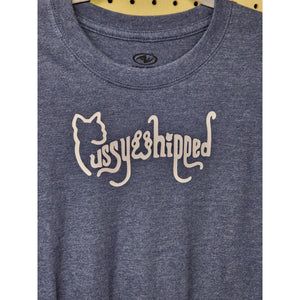 Small "Pussywhipped", Cat Lover T-Shirt, Text Logo, White On Blue