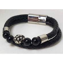 Load image into Gallery viewer, Men's Genuine Black Leather &amp; Oxidized Alloy Bracelet, with Enhanced Black Agate &amp; Lion