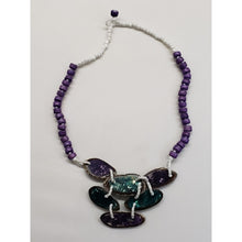 Load image into Gallery viewer, Purple Wood &amp; White Glass Beaded 18" Necklace With Shell Chips In Resin