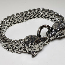 Load image into Gallery viewer, Double Wolf Head, Stainless Steel 8.5" Unisex Bracelet, Hinge Ring Clasp