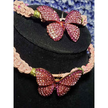 Load image into Gallery viewer, Genuine Pink Leather Set with Austrian Crystal &amp; Stainless Steel Butterfly. Choker &amp; Bracelet, adjus