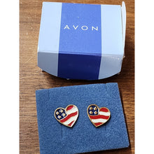 Load image into Gallery viewer, Vtg. Avon Goldtone Red White Blue Patriotic Flag Heart of America Earrings (O-4)