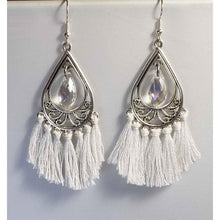 Load image into Gallery viewer, Hypoallergenic Silver Tone Metal Teardrop Earrings with White Tassels on Fish Hook Earrings