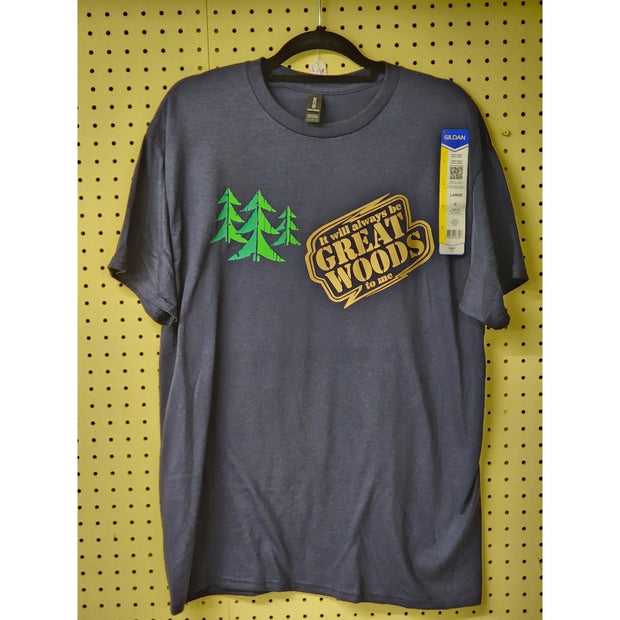 Large navy-blue unisex T-shirt with gold It Will Always Be Great Woods To Me logo