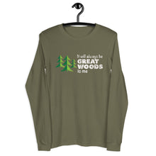 Load image into Gallery viewer, &quot;It Will Always Be Great Woods To Me&quot; Large Logo in White, Unisex Long Sleeve Tee | Bella + Canvas 3501