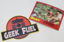 Load image into Gallery viewer, JURASSIC PARK inspired Geek Fuel Logo Sticker 2&quot; x 4&quot; with Vintage Trading Card 