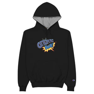 Ottomic Blue "Comic Logo" on Champion Hoodie with Geek & Chic Shop Back Ad