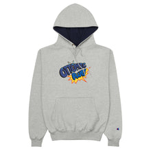 Load image into Gallery viewer, Ottomic Blue &quot;Comic Logo&quot; on Champion Hoodie with Geek &amp; Chic Shop Back Ad