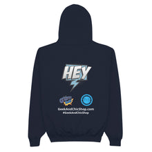 Load image into Gallery viewer, Ottomic Blue &quot;Comic Logo&quot; on Champion Hoodie with Geek &amp; Chic Shop Back Ad