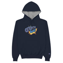 Load image into Gallery viewer, Ottomic Blue &quot;Comic Logo&quot; on Champion Hoodie with Geek &amp; Chic Shop Back Ad